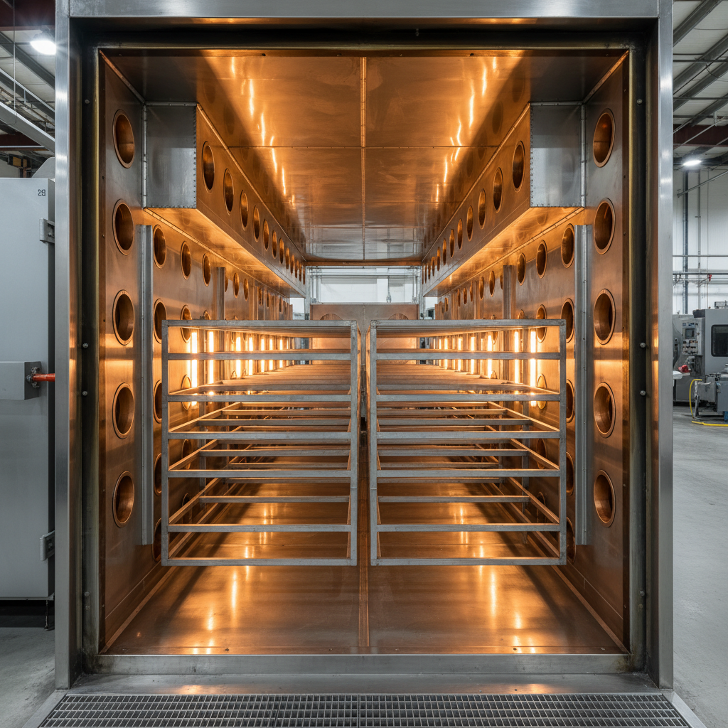 Interior of a large industrial walk-in oven showing airflow ducts and loading cart